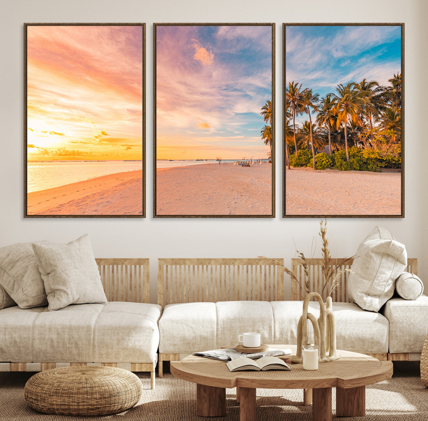 Tropical beach canvas with palm trees and soft sunset tones, ideal for coastal or beach-style home décor in warm pastel hues.