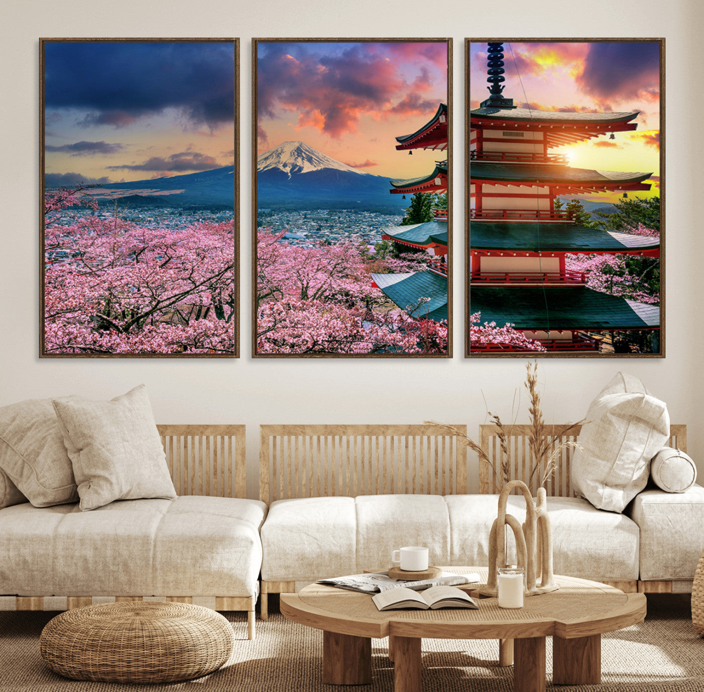 32331262-MGV-FC-60X30-3P_Walnut-Mount Fuji Cherry Blossom Wall Art Canvas Print – Framed Iconic Japanese Landscape with Sakura Sunset Artwork for Home, Office