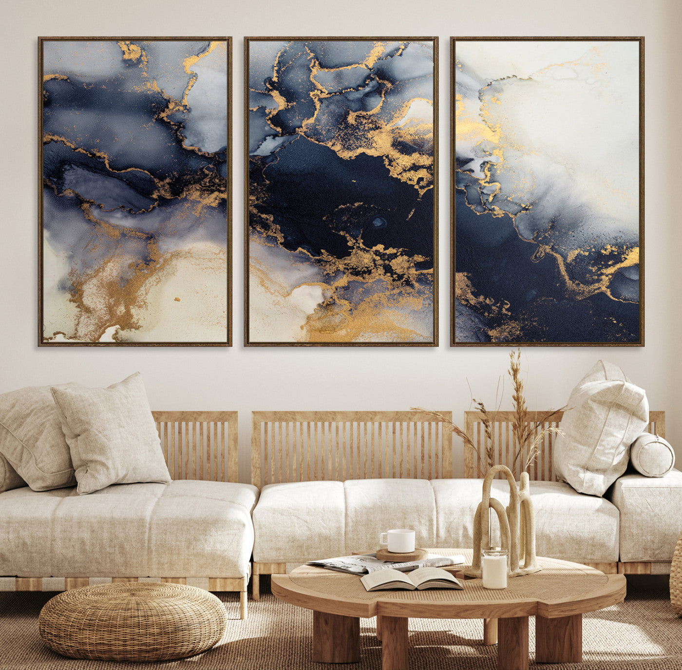 Luxurious abstract canvas in black and gold with moody fluid textures and smoky patterns, perfect for dramatic modern interiors.