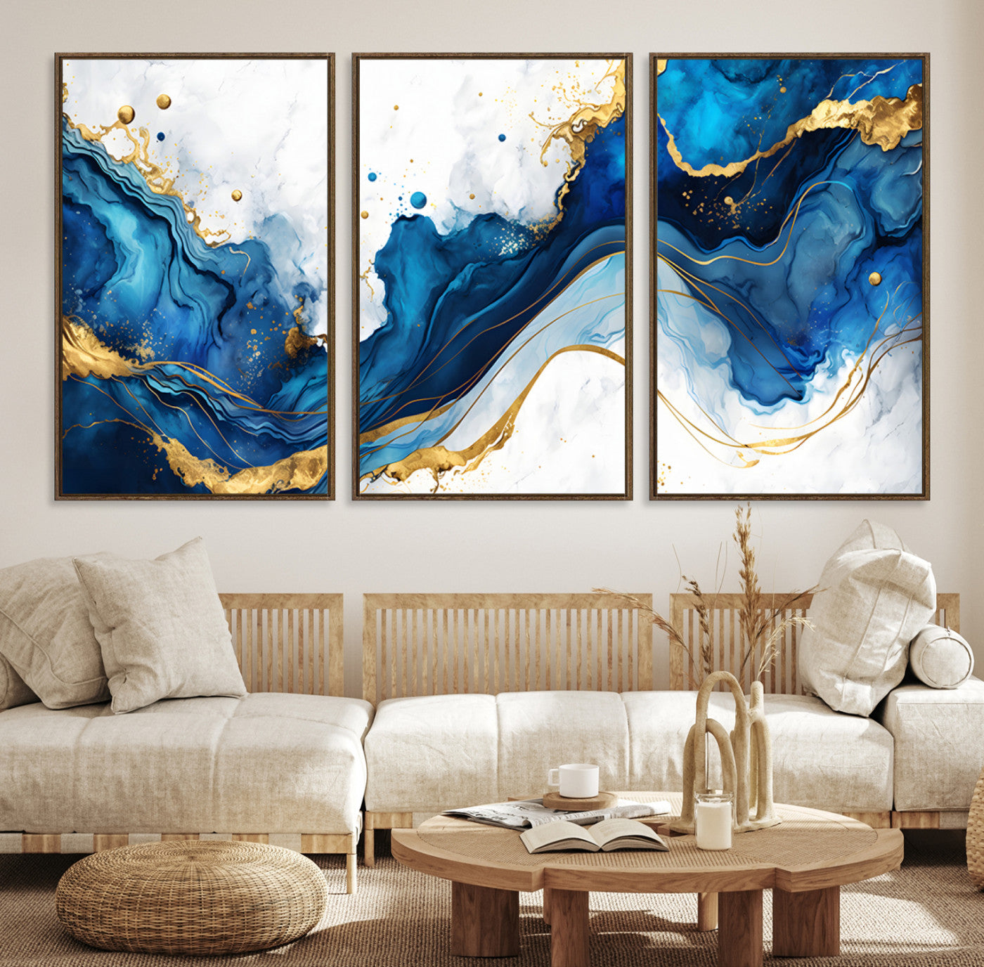 Elegant abstract canvas in cobalt blue and gold tones, featuring marble waves and fluid motion, ideal for luxe interior styling.