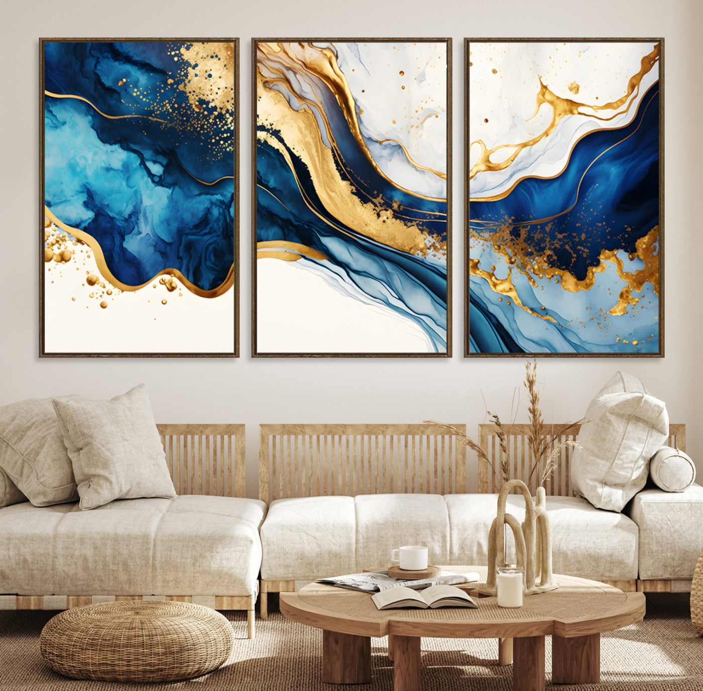 Canvas artwork with fluid blue and gold marbling, perfect for modern luxe or elegant abstract home decor styles.