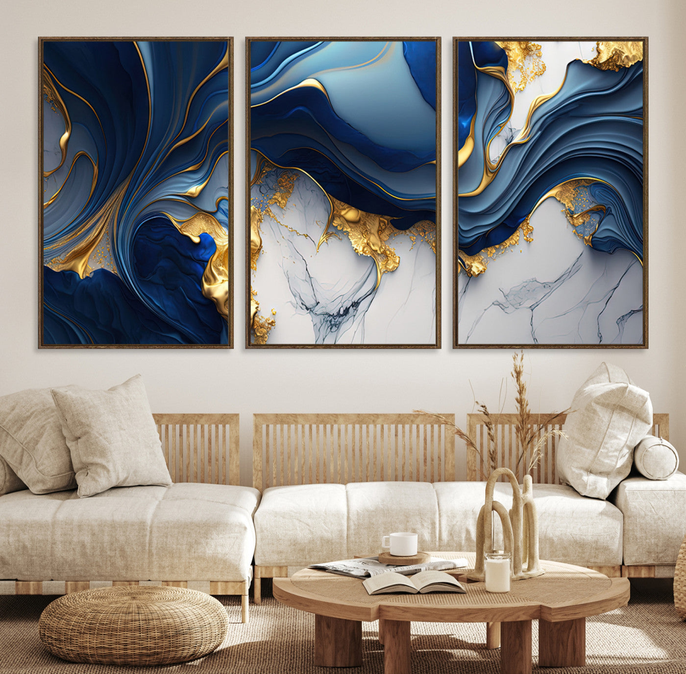 Canvas art with swirling blue marble and gold textures, ideal for elegant glam or modern luxury interior design settings.