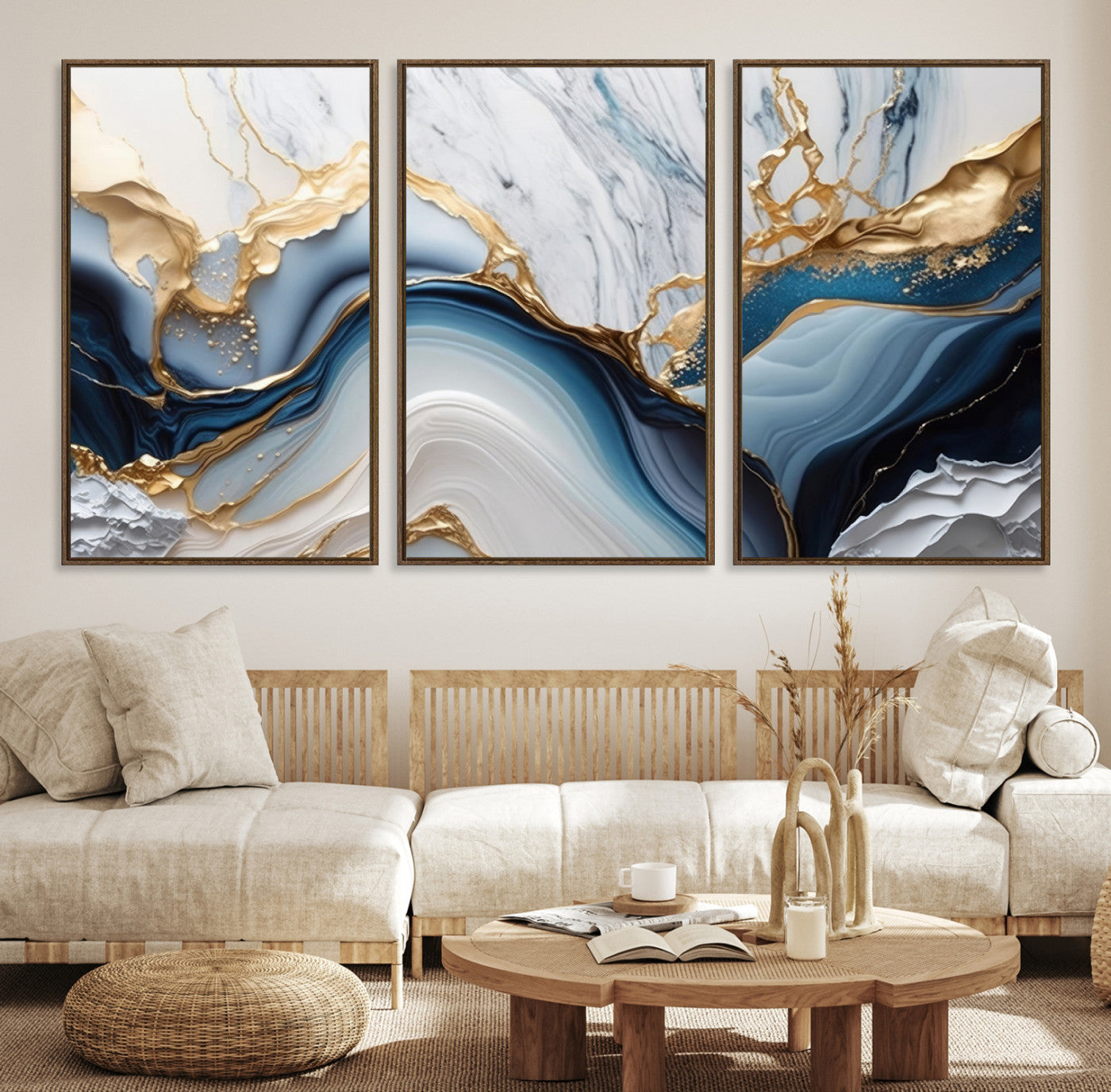 Abstract canvas with blue marble textures and flowing gold veins, ideal for modern luxury or coastal-inspired interior decor.