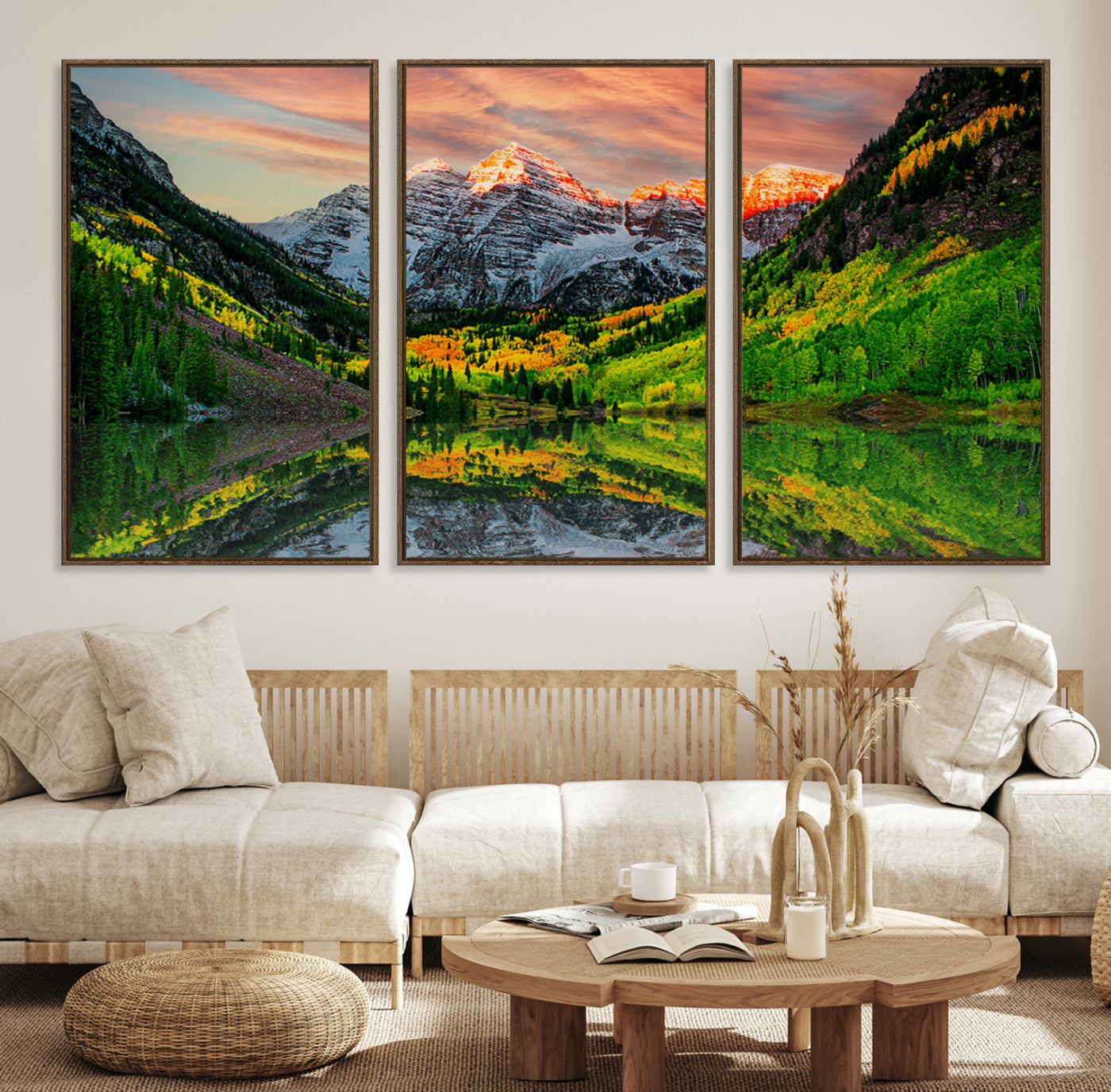 59533484-MGV-CV-48X32-3P-Wall Art Canvas Print – Sunset Glow Mountain Peaks Vibrant Green Forest Reflective Lake Calm Waters for Home, Office