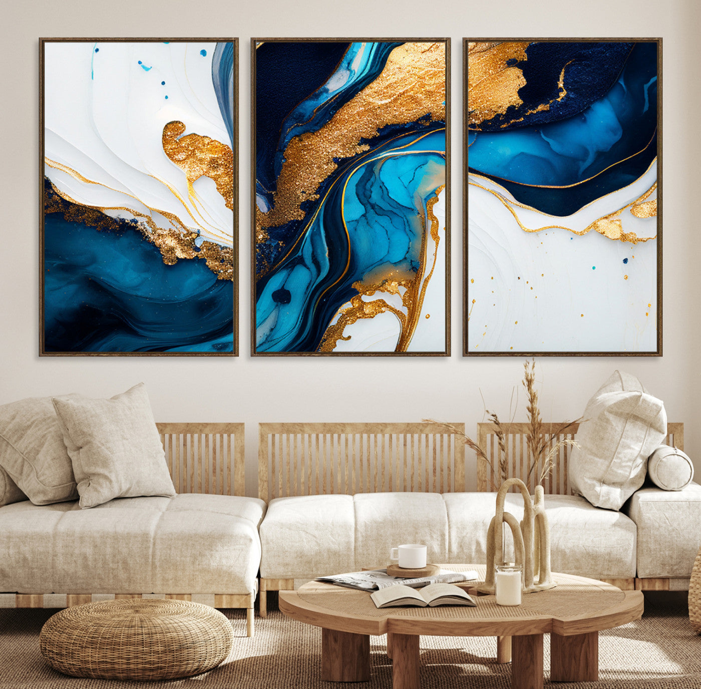 Luxurious abstract canvas in gold, navy, and teal tones with fluid marble patterns, perfect for modern glam or upscale interiors.