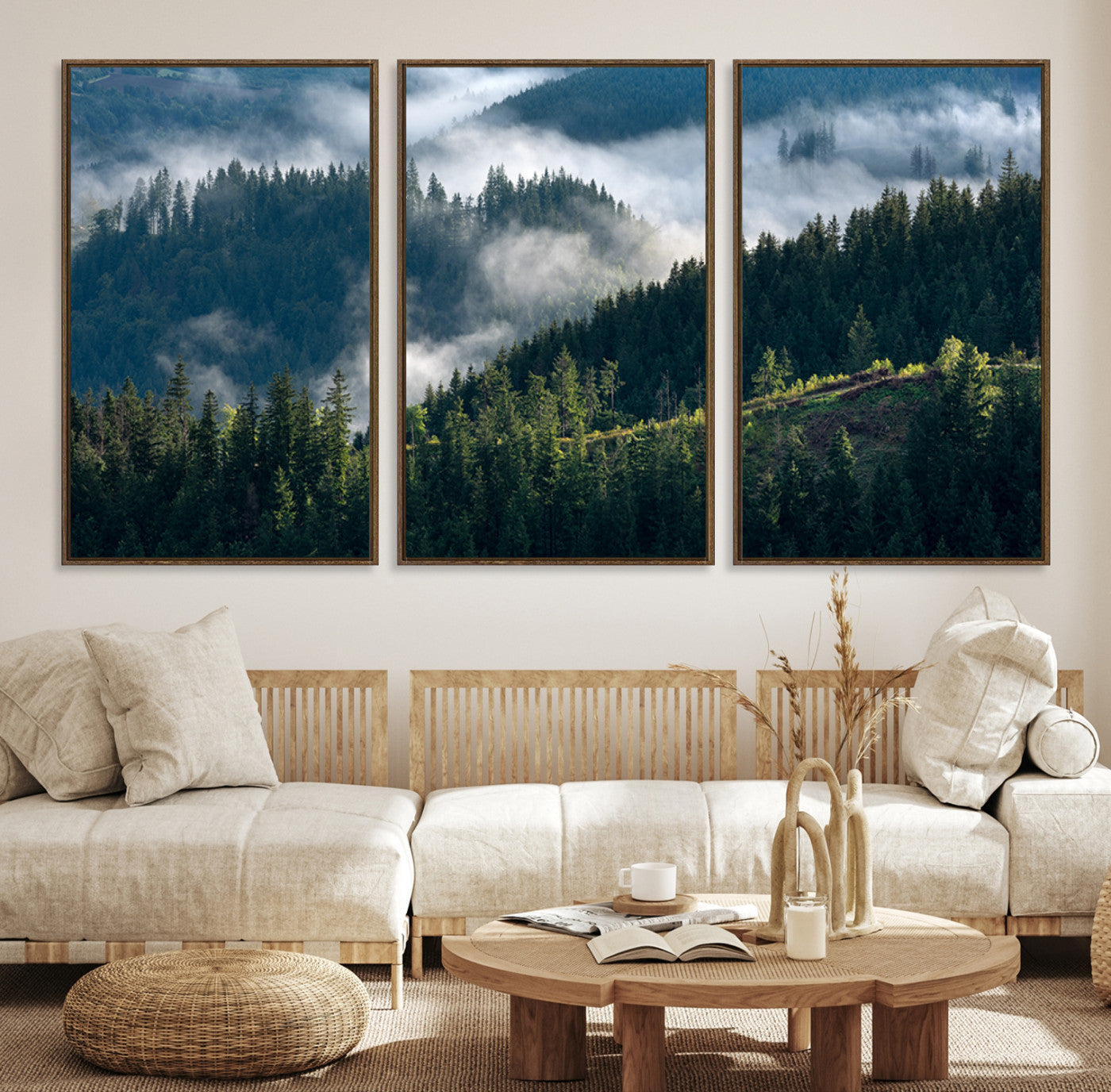 84598503-MGV-CV-36X24-Misty Forest Wall Art Canvas Print – Pine Hills Foggy Woodland Moody Atmosphere Nature Artwork for Home Office