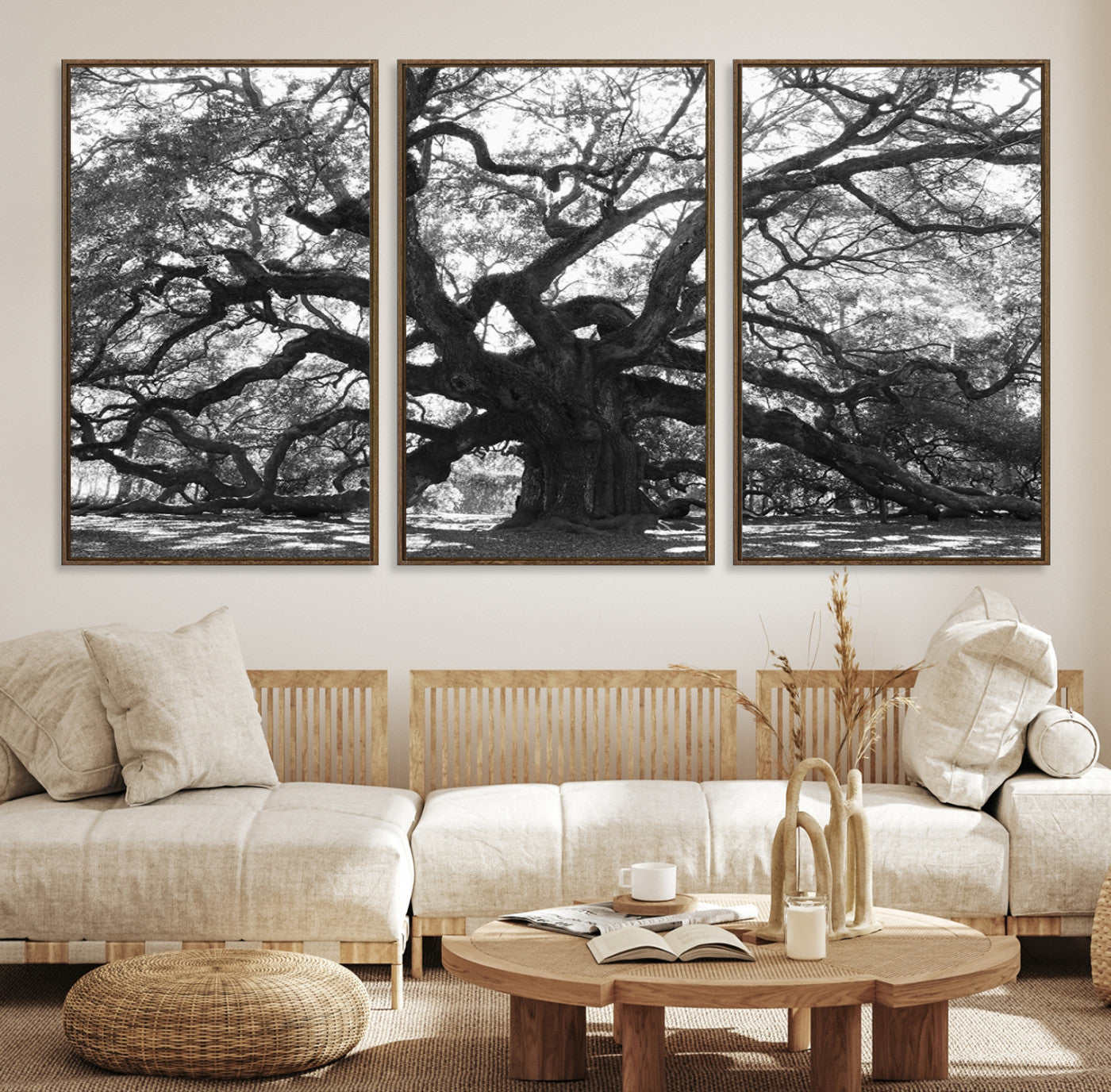 Black and white canvas of an ancient oak tree with sprawling, twisted branches, ideal for moody nature-inspired or rustic decor.