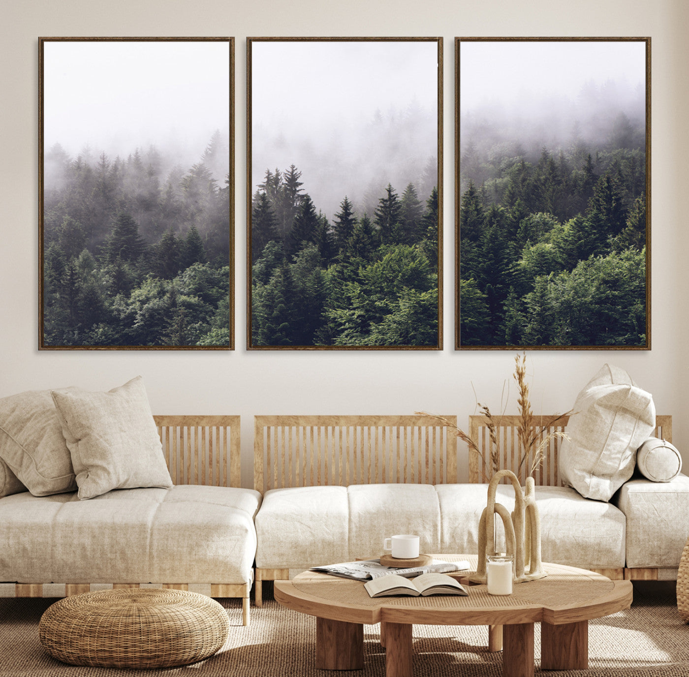 Canvas of dense misty forest in dark green tones, ideal for moody forest or atmospheric woodland-themed home decor.