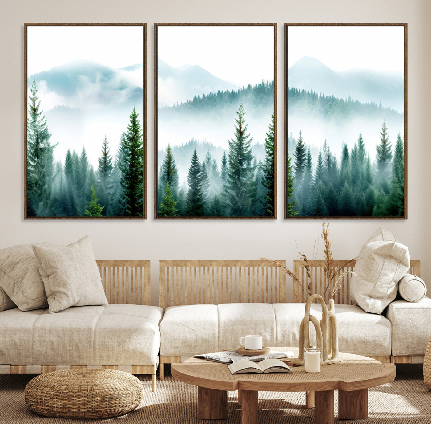 Canvas of pine forest and misty mountain layers in cool tones, perfect for moody forest or serene nature-inspired home decor.