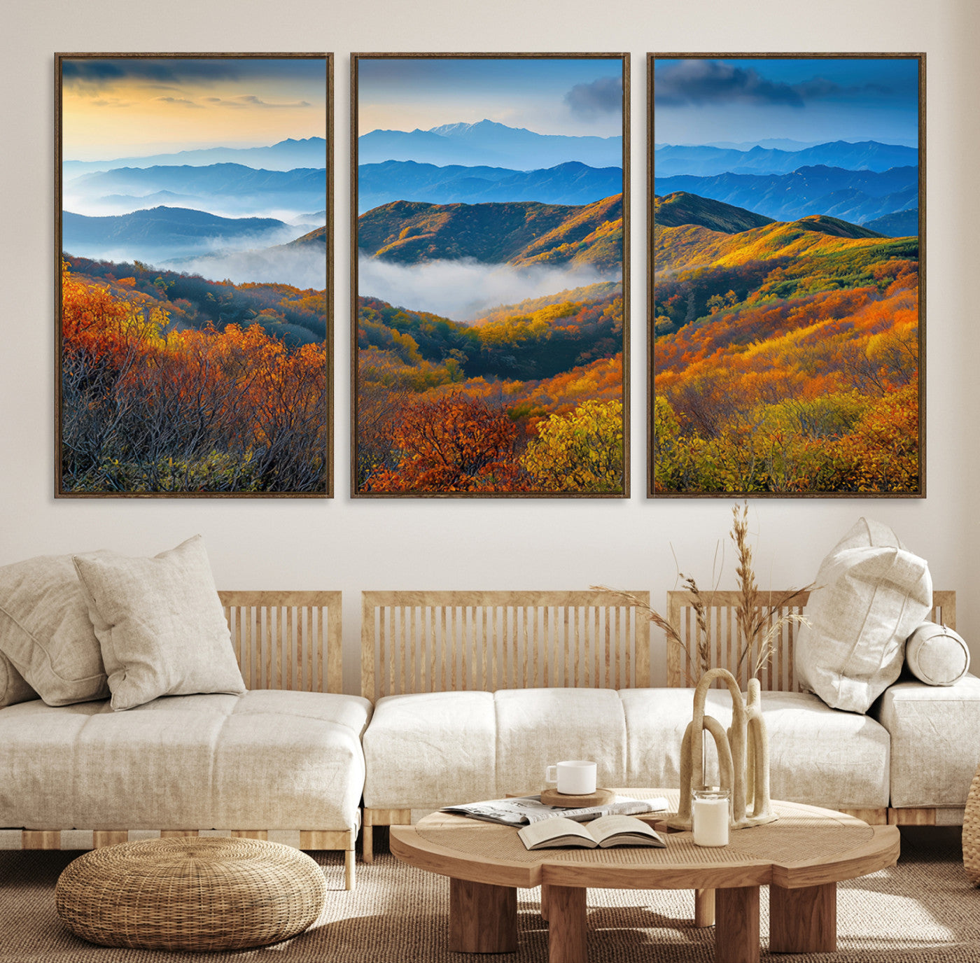 86772247-MGV-CV-36X24-Autumn Mountains Wall Art Canvas Print – Foggy Peaks Colorful Foliage Serene Landscape Nature Artwork for Home Office