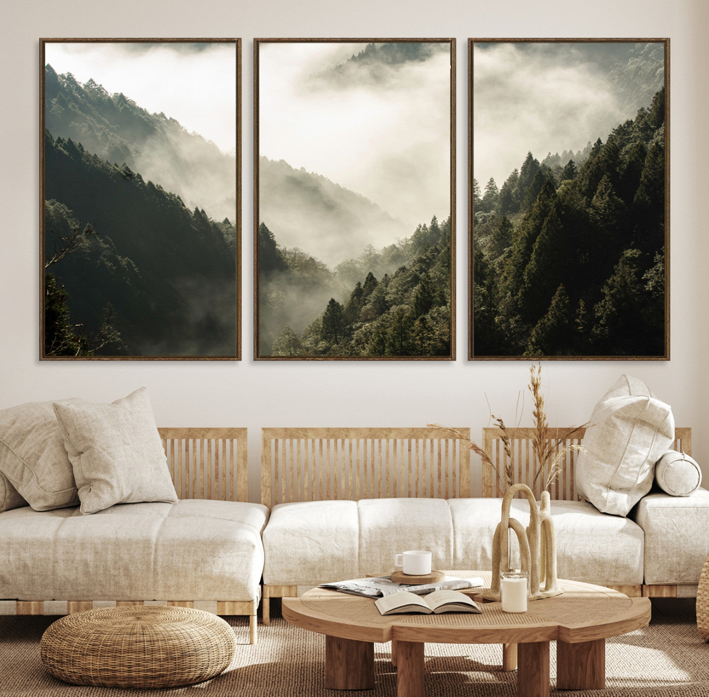 Canvas showing a misty pine forest valley with layered green hills and soft fog, perfect for moody or nature-themed decor styles.