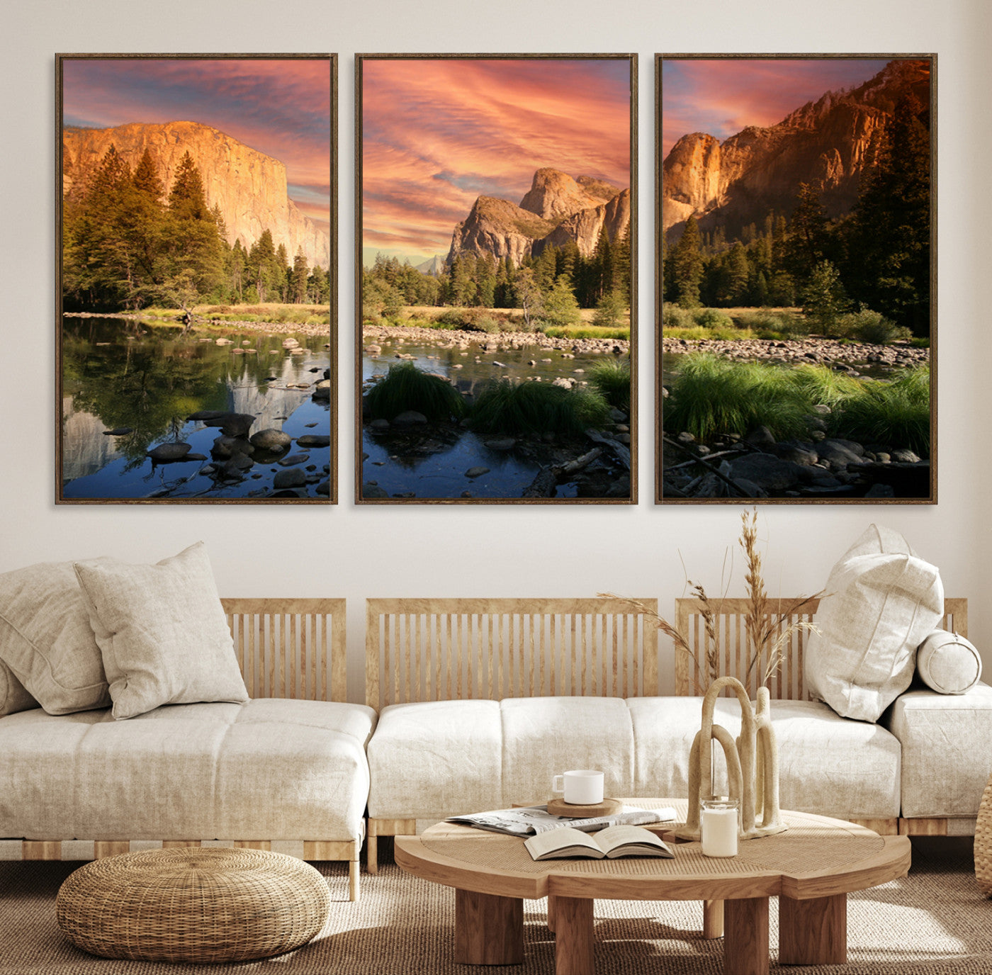 Canvas of Yosemite Valley with El Capitan and sunset sky, featuring vibrant tones ideal for rustic or nature-inspired home decor.