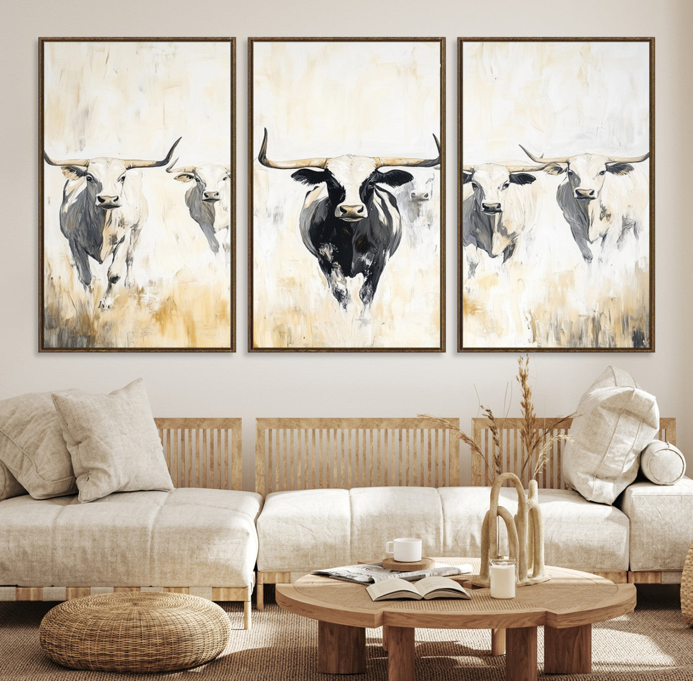 40397799-MGV-CV-36X24-Texas Longhorn Wall Art Canvas Print – Rustic Western Bull Herd Neutral Tones Country Ranch Artwork for Home Office