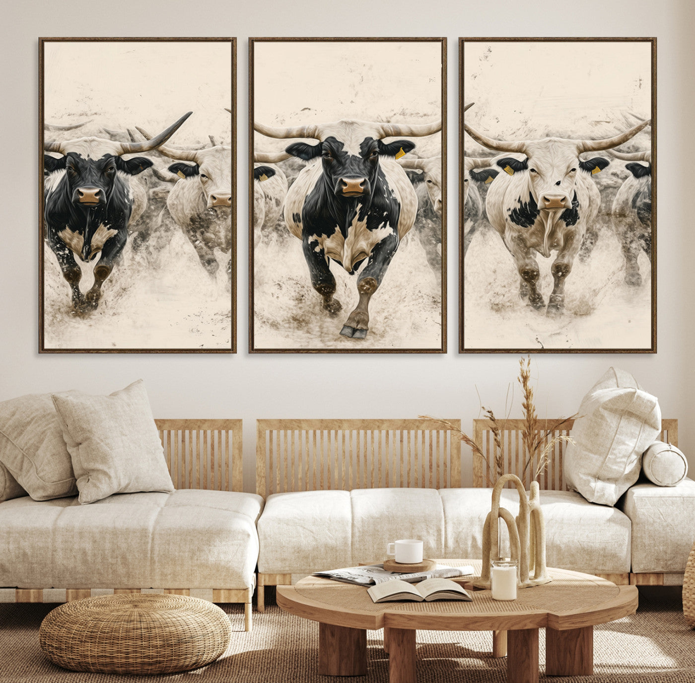 Canvas artwork of Texas Longhorn bulls walking in a dusty herd, ideal for rustic Western or country-style interior decor.