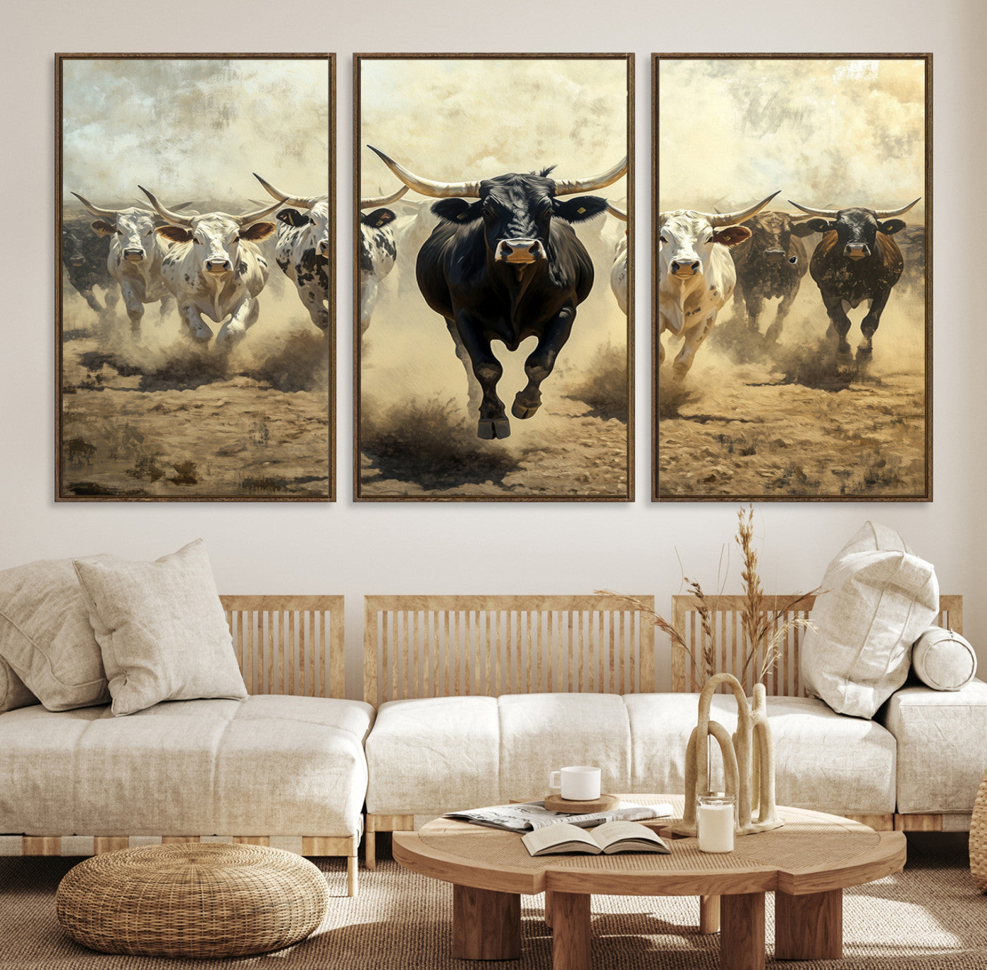 Dynamic canvas showing a Texas Longhorn stampede with earthy tones and bold movement, perfect for rustic or Western-style interiors.