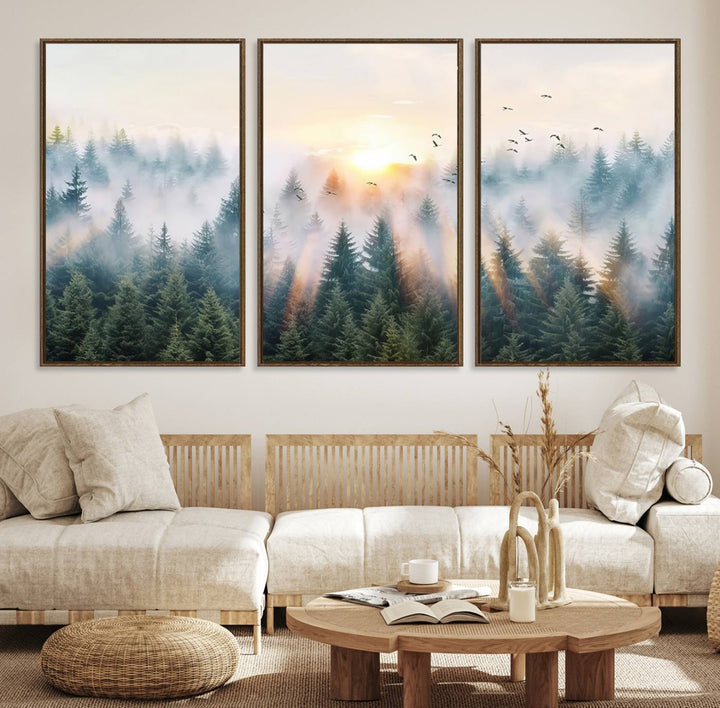 Misty Pine Forest Wall Art: A depiction of sunrise over foggy trees and birds against a bright sky; a framed woodland scene ideal for home or office decor.