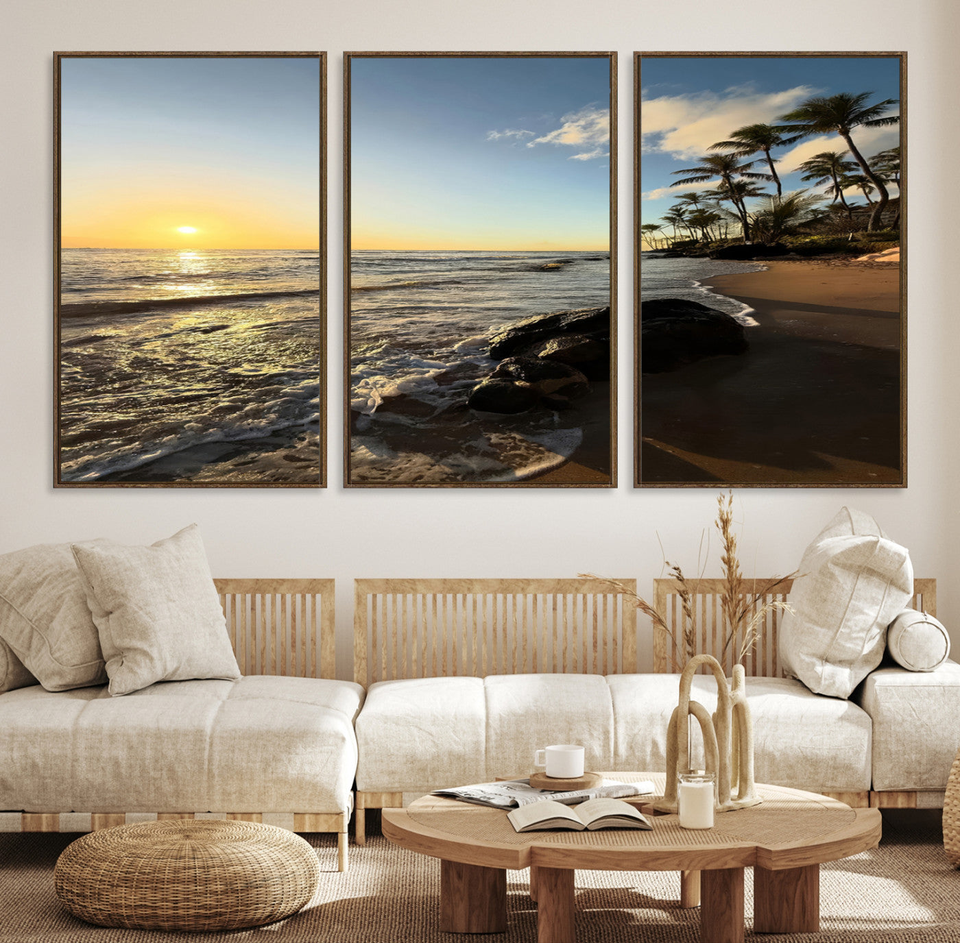 Canvas of a golden sunset on a tropical beach with palm trees and calm waves, perfect for coastal or island-themed home decor.