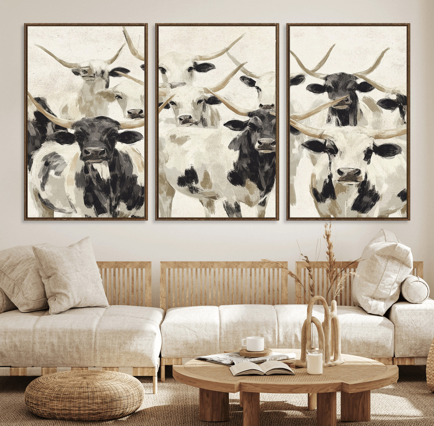 28732868-MGV-FC-60X30-3P_Walnut-Longhorn Texas Cow Drawing Abstract Wall Art Canvas Print for Farmhouse Decor, Texas Bull Printing