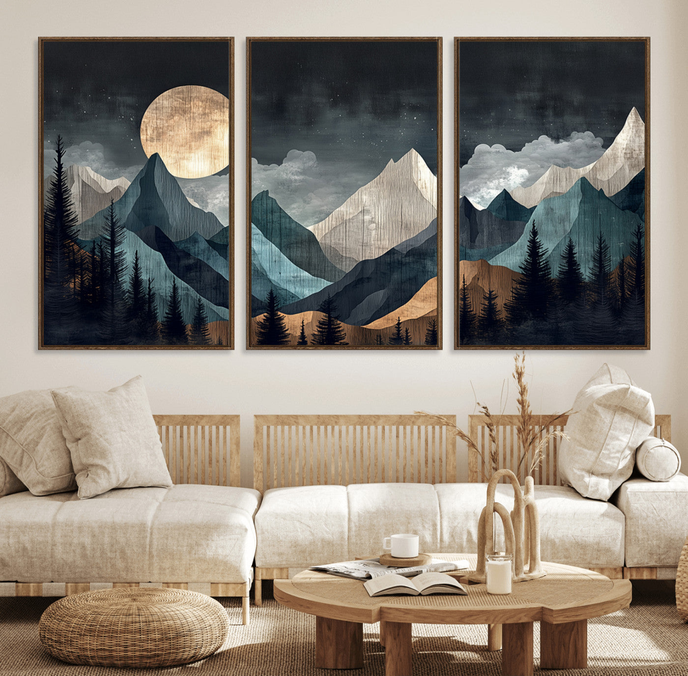 11060882-MGV-FC-60X30-3P_Walnut-Moonlit Mountain Wall Art Canvas Print – Silhouetted Pines Layered Peaks Tranquil Sky Mist Silver Light Nature Artwork for Home