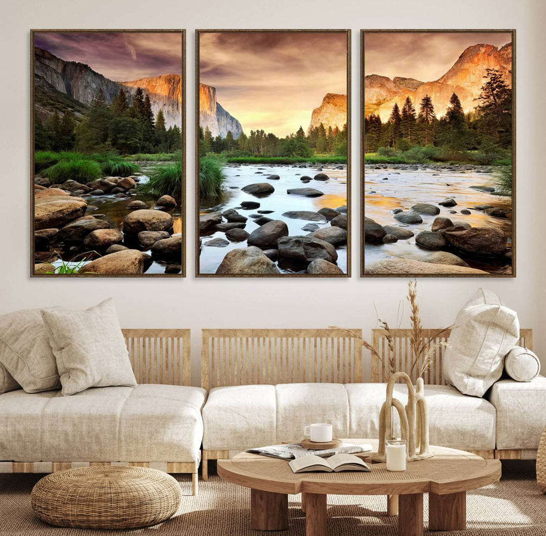 A tranquil riverside sunset mirrors the beauty of a Yosemite wall art masterpiece like the Large El Capitan Print.