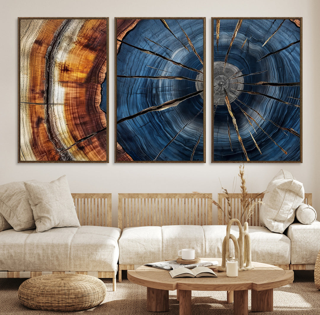 Framed Abstract Tree Ring Wall Art Print, Natural Rustic Wood Texture Canvas Print, Wood Tree Stump Farmhouse, Log Cabin Wooden House Decor