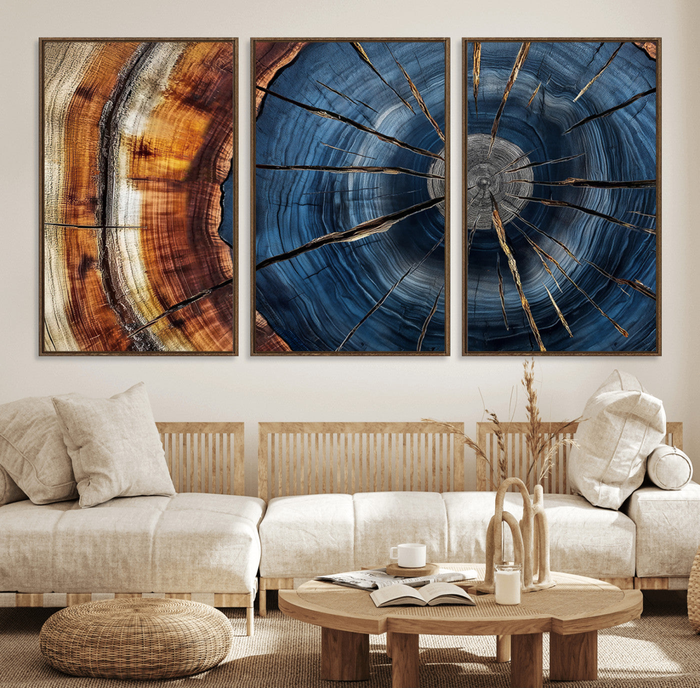 MGV-FC-60X30-3P - Framed Abstract Tree Ring Wall Art Print, Natural Rustic Wood Texture Canvas Print, Wood Tree Stump