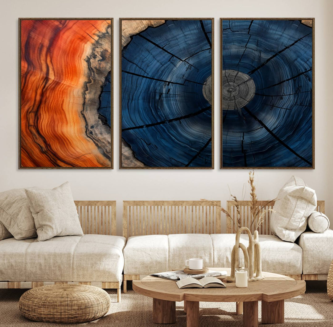 Abstract Tree Rings Canvas Print with vibrant colors—ideal farmhouse wall art for a woodland-themed home.