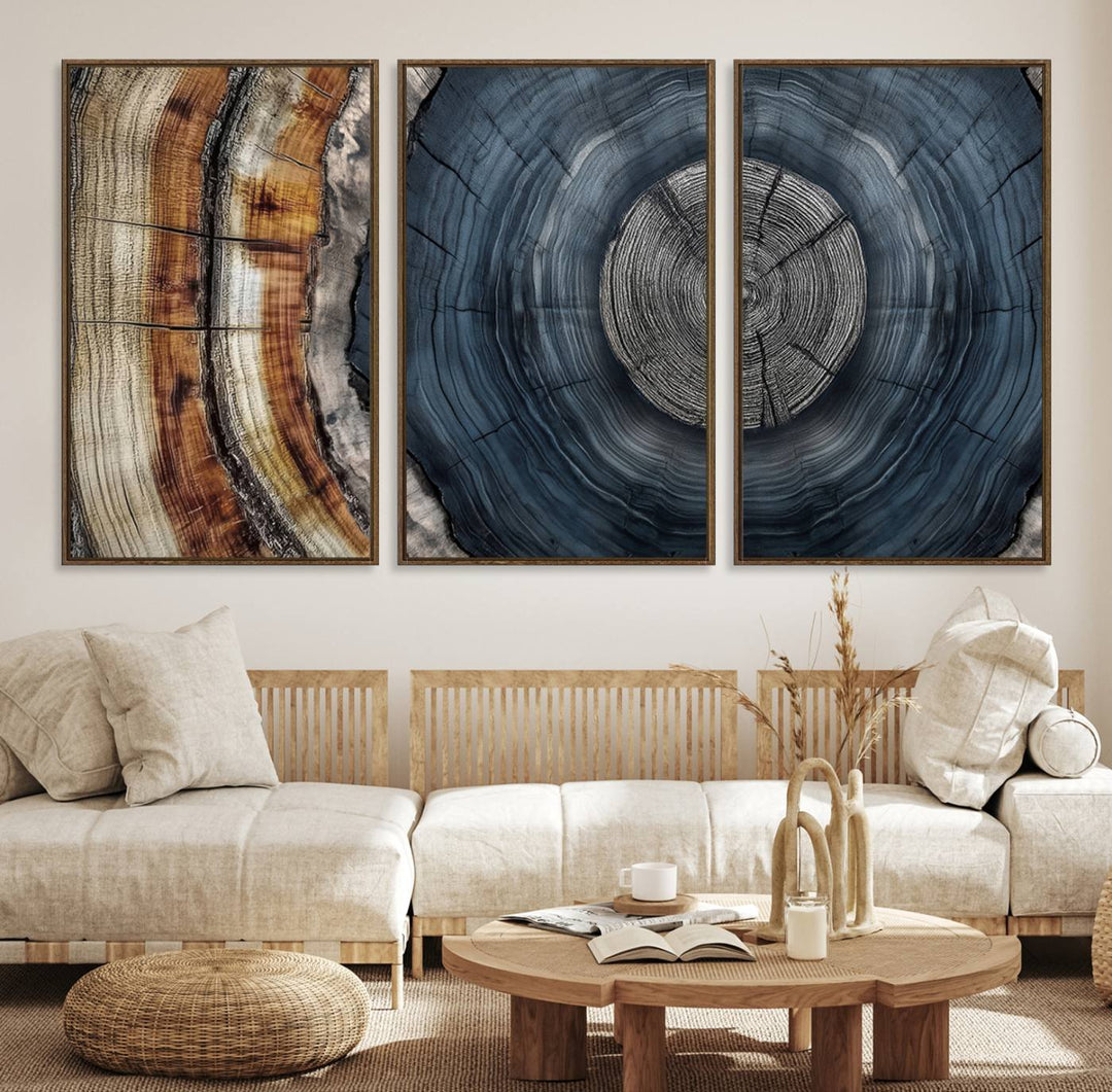 Close-up of the Abstract Tree Rings Wall Art Print featuring shades of blue, brown, and gray.