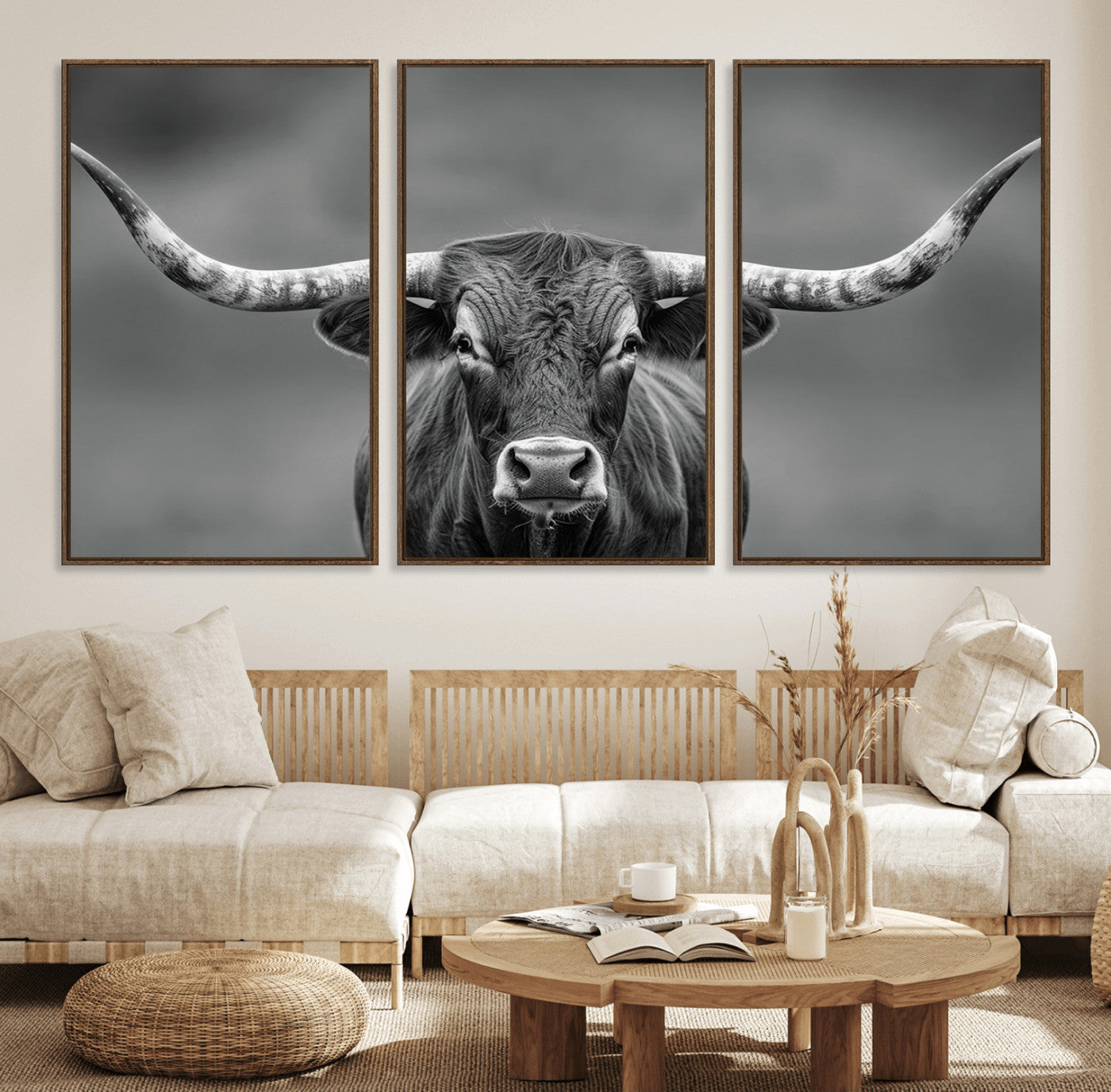 81228550-MGV-CV-36X24-Texas Longhorn Wall Art Canvas Print – Framed Western Bull Ranch Photography Rustic Country Farm Decor Artwork for home, office