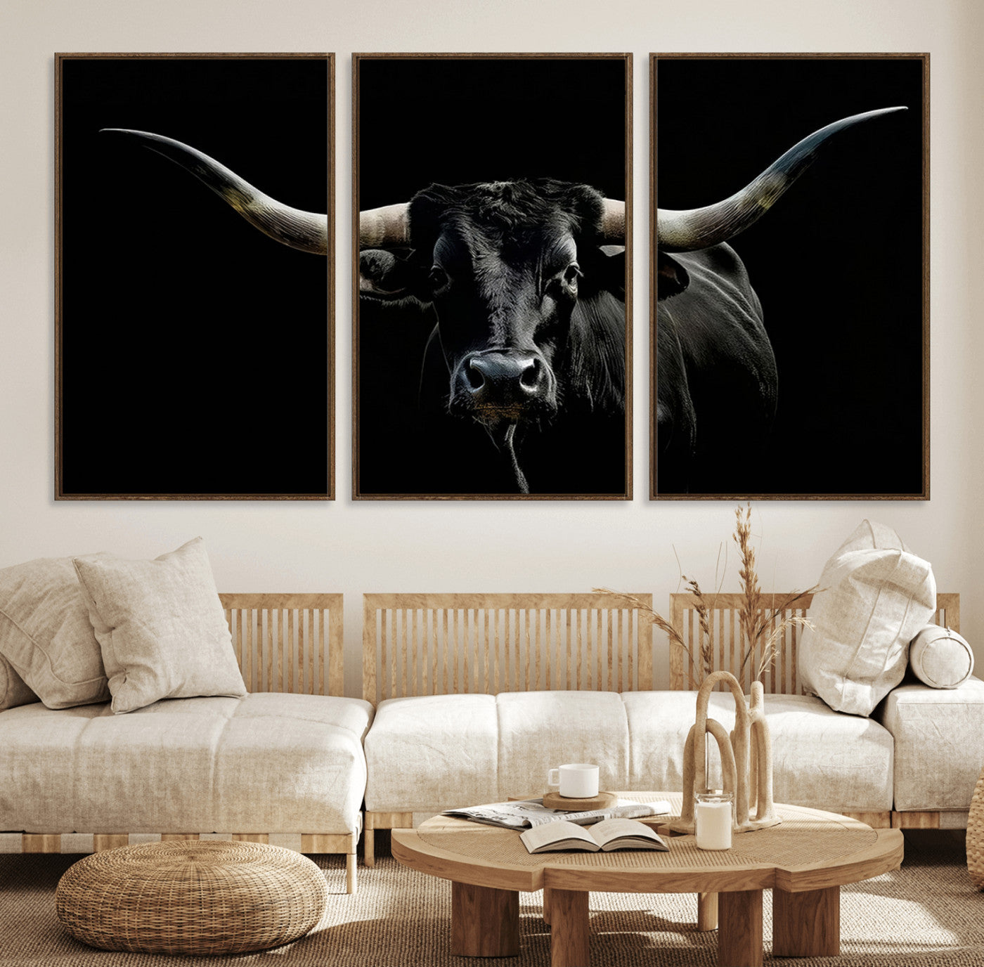 MGV-FC-60X30-3P - Texas Black Bull Wall Art Print, Longhorn Bull Canvas Wall Art