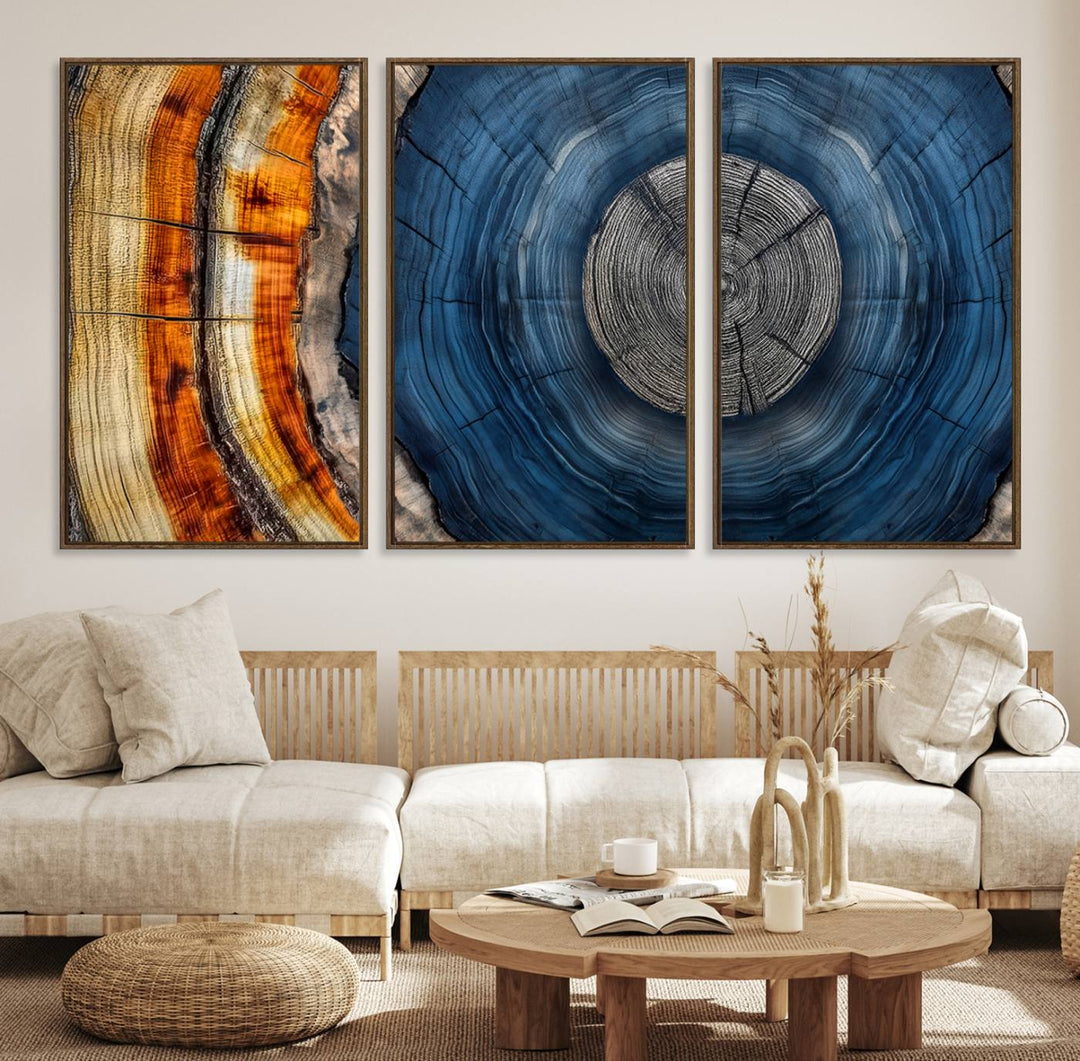 Vibrant Abstract Tree Rings in Orange, Brown, and Blue - Canvas Print for Nature Woodland Wall Decor.