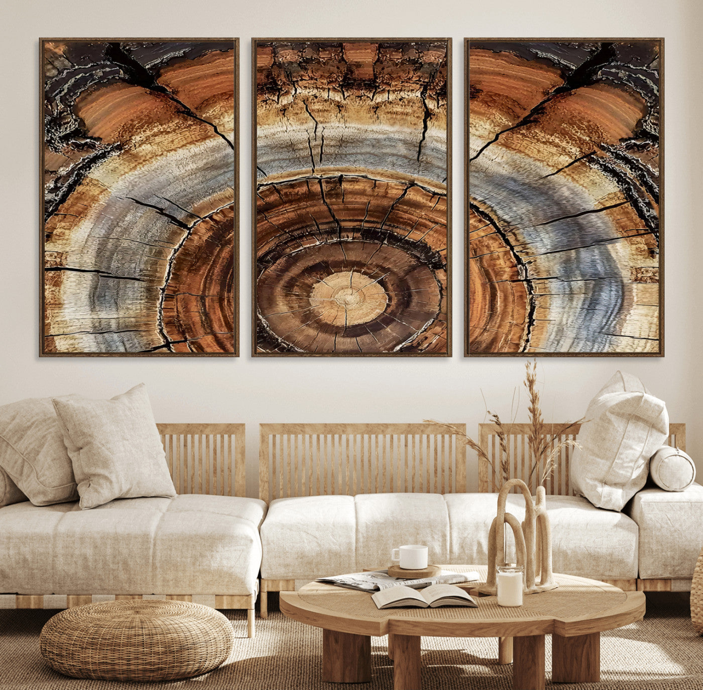 15184146-MGV-FC-60X30-3P_Walnut-Tree Rings Wall Art Canvas Print – Rustic Wood Texture Natural Grain Organic Pattern Earthy Artwork for Home Office