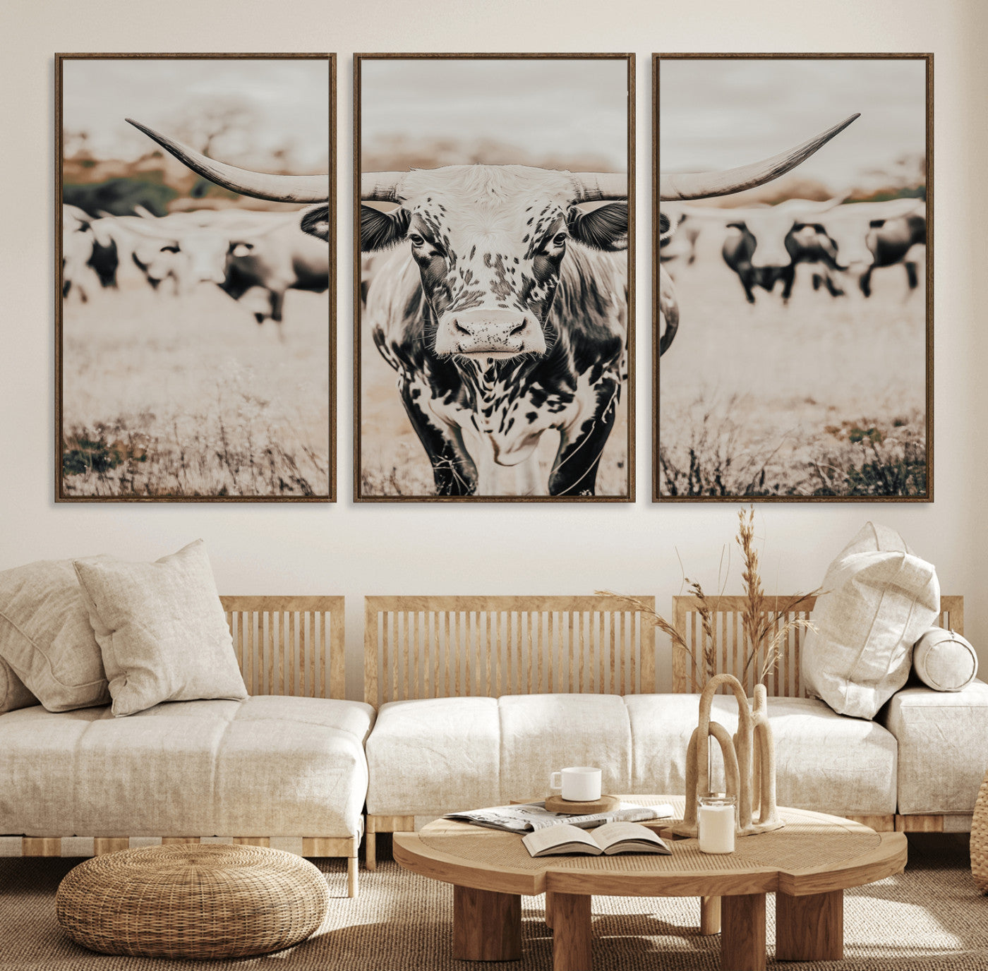MGV-FC-60X30-3P - Texas Longhorn Wall Art Canvas Print, Framed Speckled Cow Art Picture Print, Horned Cattle Perfect Rustic Western Decor Artwork