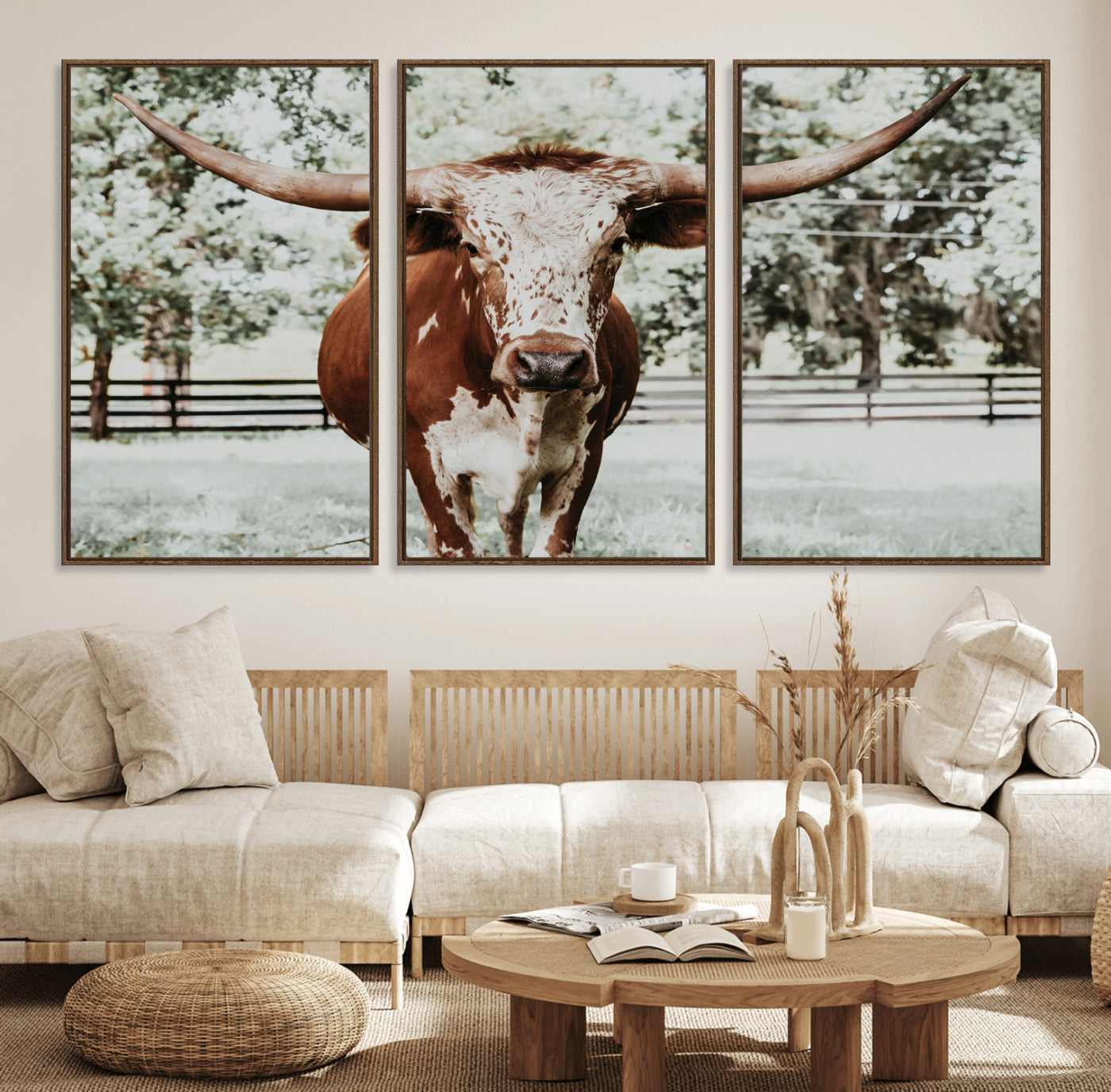 54757537-MGV-FC-60X30-3P_Walnut-Texas Longhorn Wall Art Canvas Print – Framed Spotted Bull Rustic Western Horned Cattle Artwork for Home Office