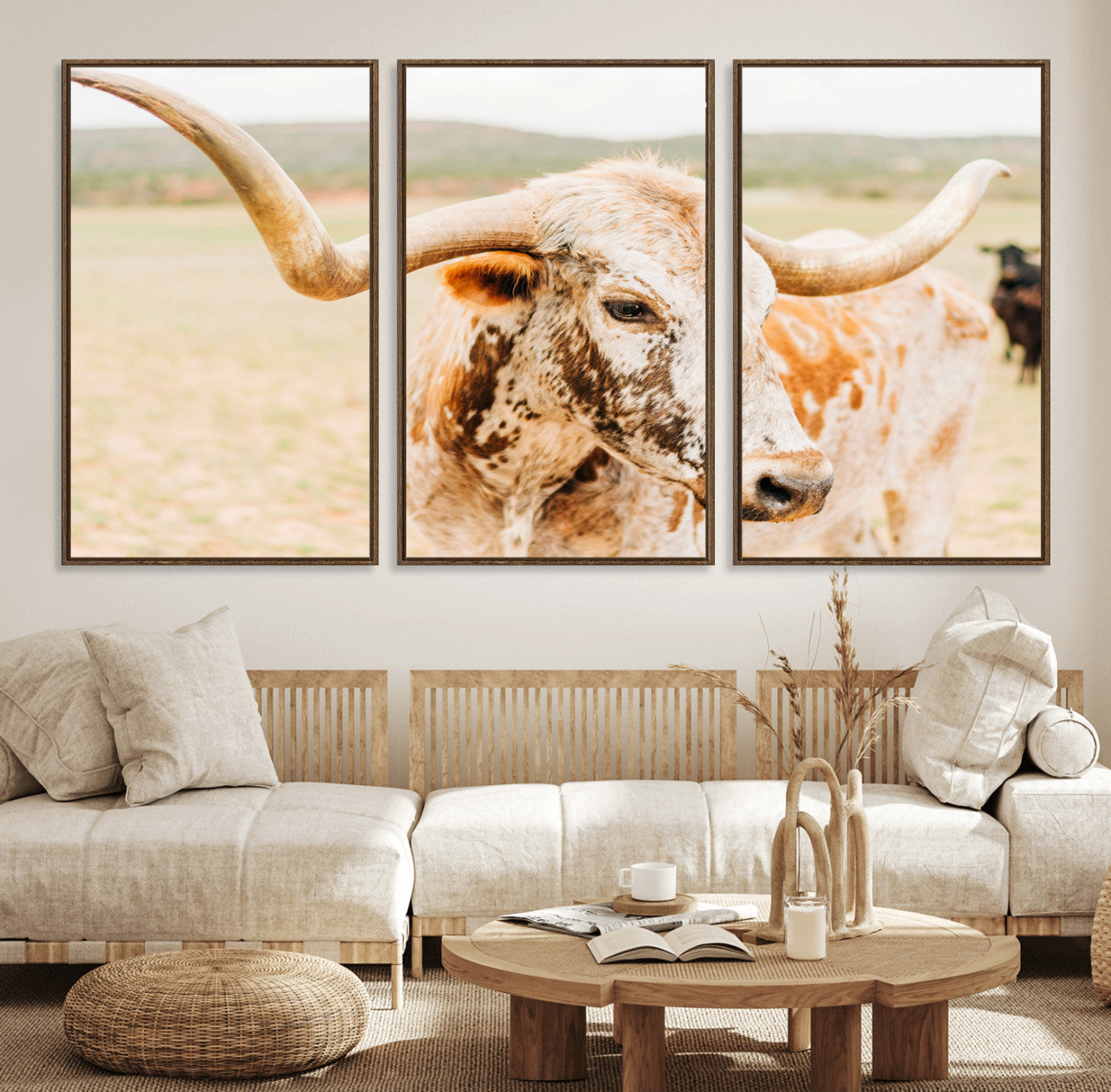 MGV-FC-60X30-3P - Texas Longhorn Wall Art Canvas Print, Framed Spotted Cow Art Picture Print, Horned Cattle Perfect Rustic Western Decor Artwork