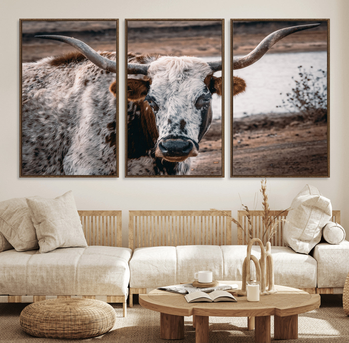 58386760-MGV-FC-60X30-3P_Walnut-Texas Longhorn Wall Art Canvas Print – Framed Spotted Bull Horned Cattle Rustic Western Decor Artwork for Home, Office