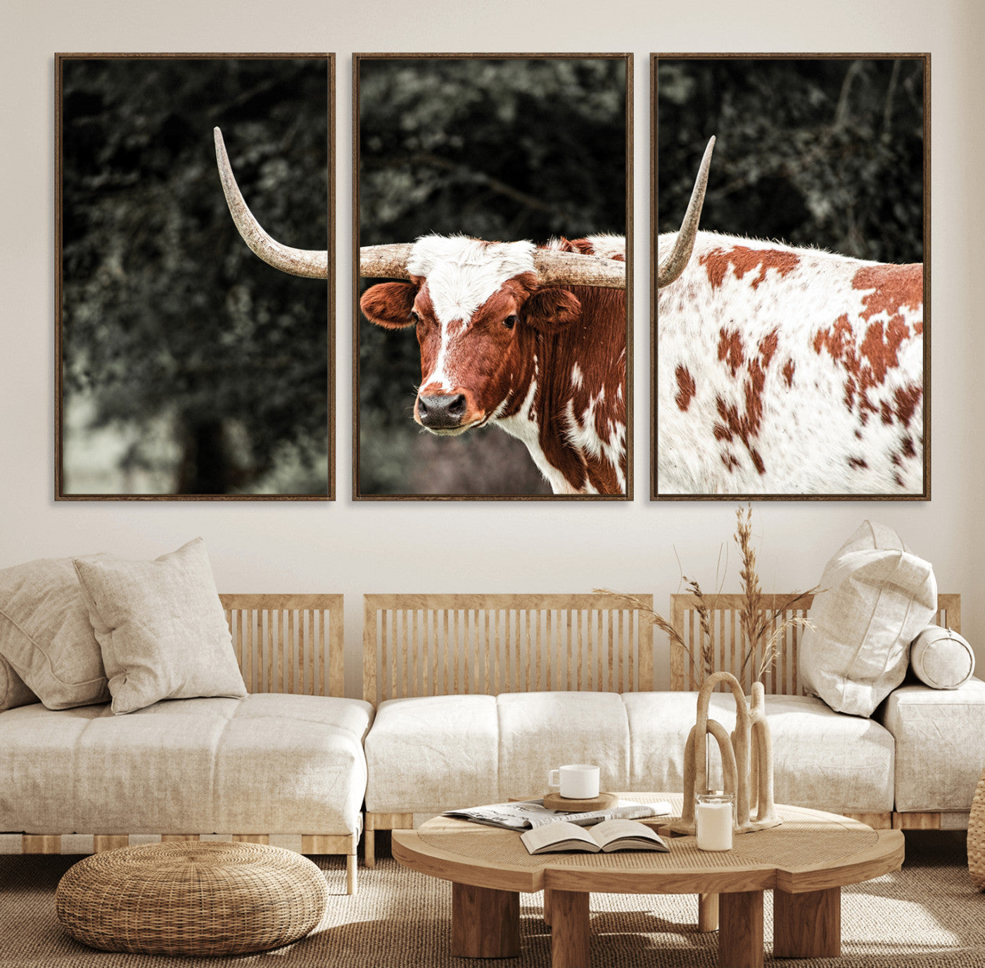 54027638-MGV-FC-60X30-3P_Walnut-Texas Longhorn Wall Art Canvas Print – Framed Spotted Bull Horned Cattle Rustic Western Decor Artwork for Home, Office