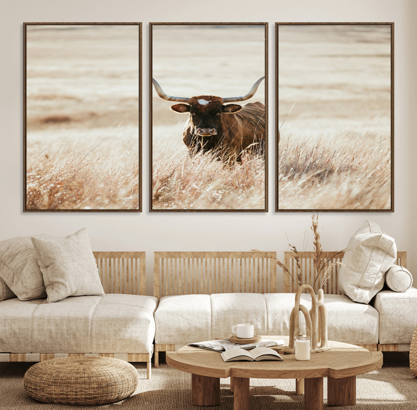 15937933-MGV-FC-60X30-3P_Walnut-Texas Longhorn Wall Art Canvas Print – Framed Brown Horned Bull Rustic Western Cattle Artwork for Home, Office