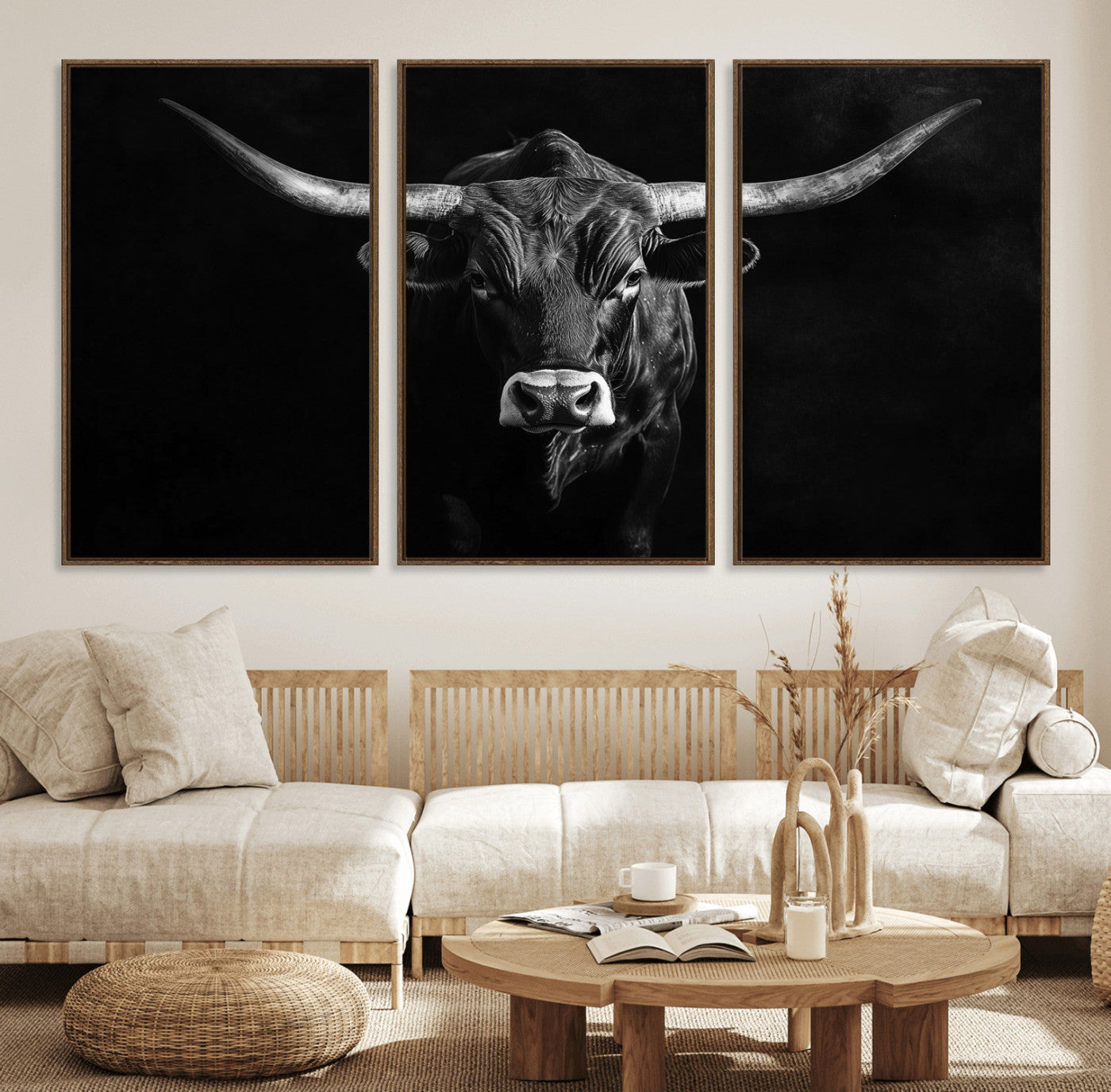 42077175-MGV-FC-60X30-3P_Walnut-Texas Longhorn Wall Art Canvas Print – Framed Monochrome Horned Bull Rustic Western Cattle Artwork for Home, Office
