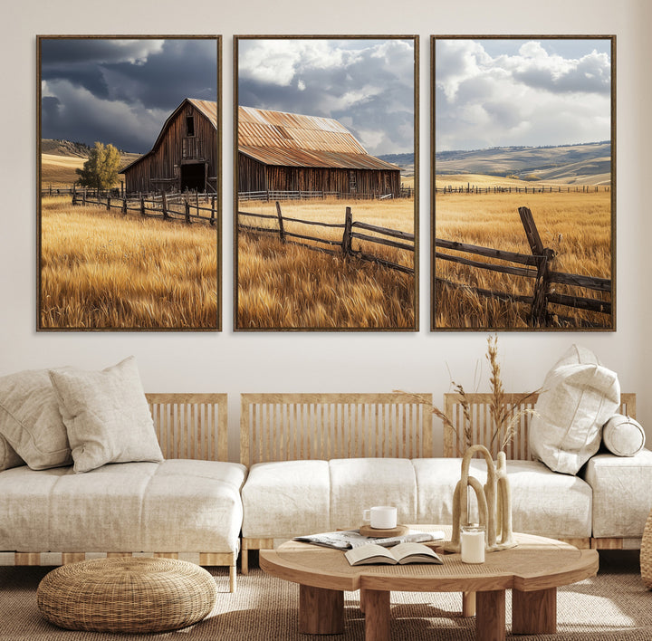 Canvas of a weathered wooden barn in a golden field under a dramatic sky, perfect for rustic or farmhouse-style wall decor.
