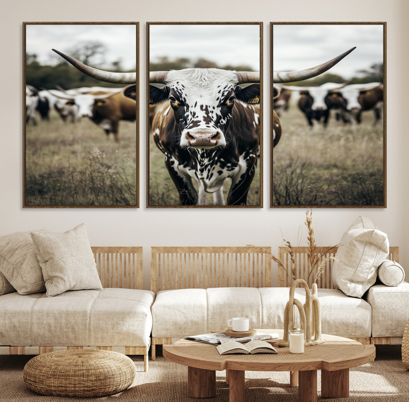 Canvas of a speckled Texas longhorn standing boldly in a field with a herd behind, perfect for rustic western or farmhouse wall decor.