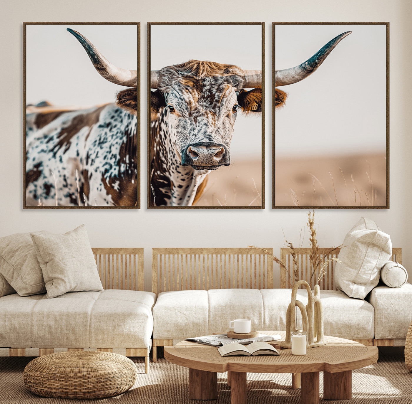 Canvas of a speckled Texas longhorn with wide curved horns and warm tones, perfect for rustic or country-style wall decor.