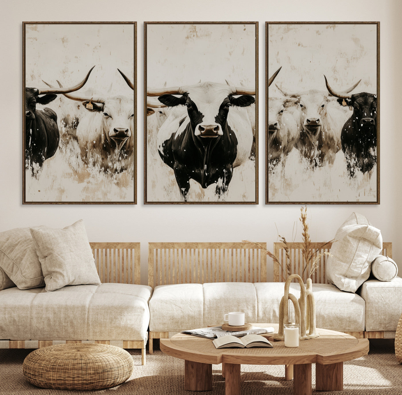 12027562-MGV-CV-36X24-Longhorn Cattle Wall Art Canvas Print – Framed Bison Herd Western Ranch Countryside Animal Landscape Artwork for Home Office