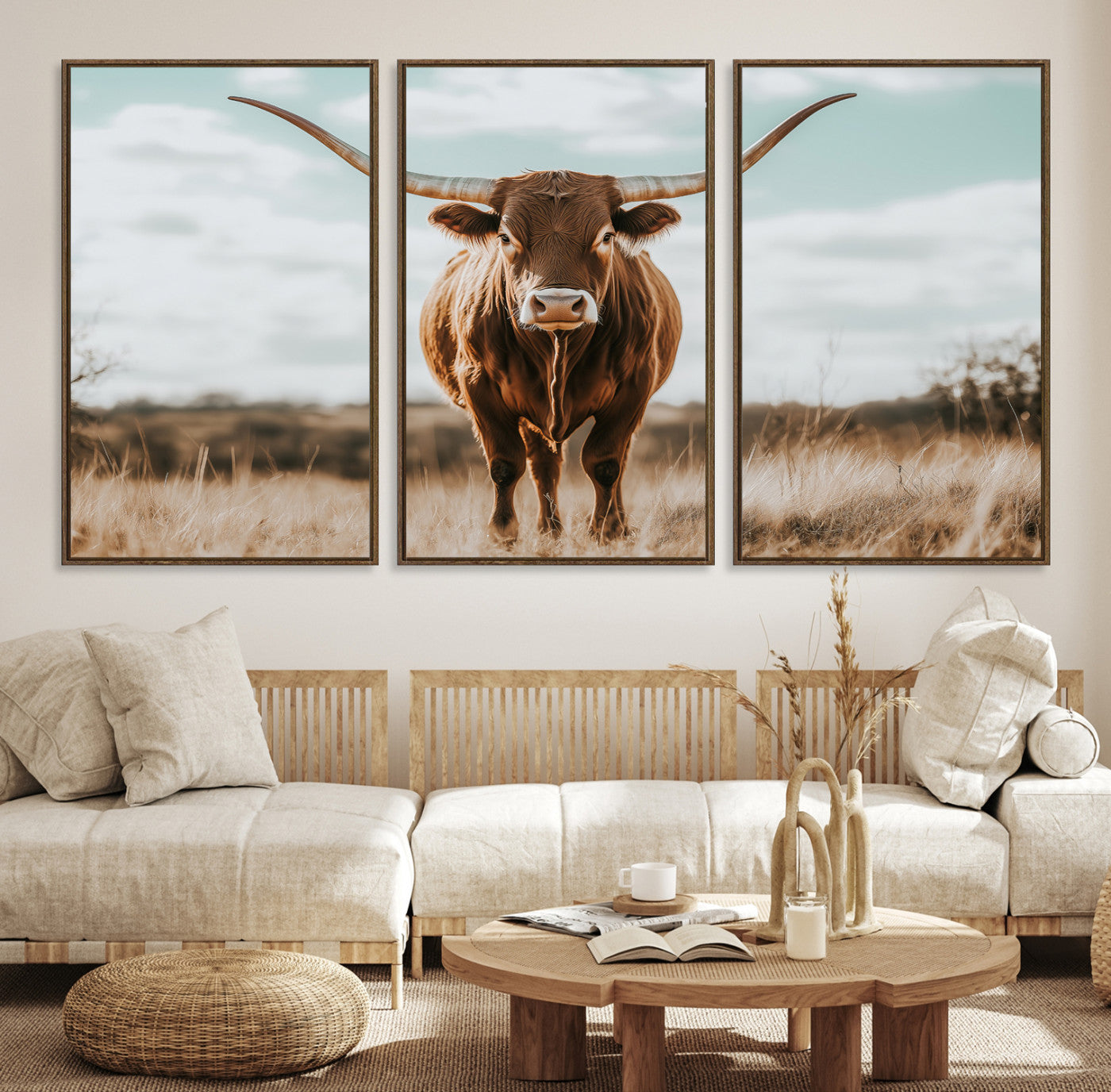 Texas Longhorn standing in a golden prairie under soft skies, ideal for rustic or western-style decor with warm natural tones.
