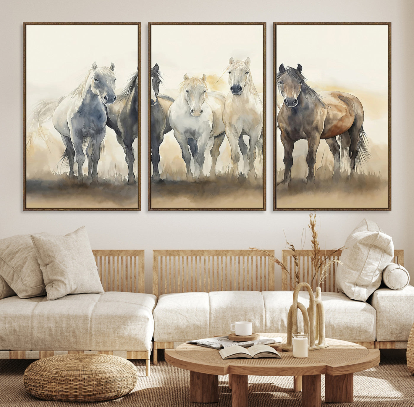 Watercolor illustration of five wild horses in soft neutral tones, perfect for rustic or western-style home decor with a calming natural vibe.