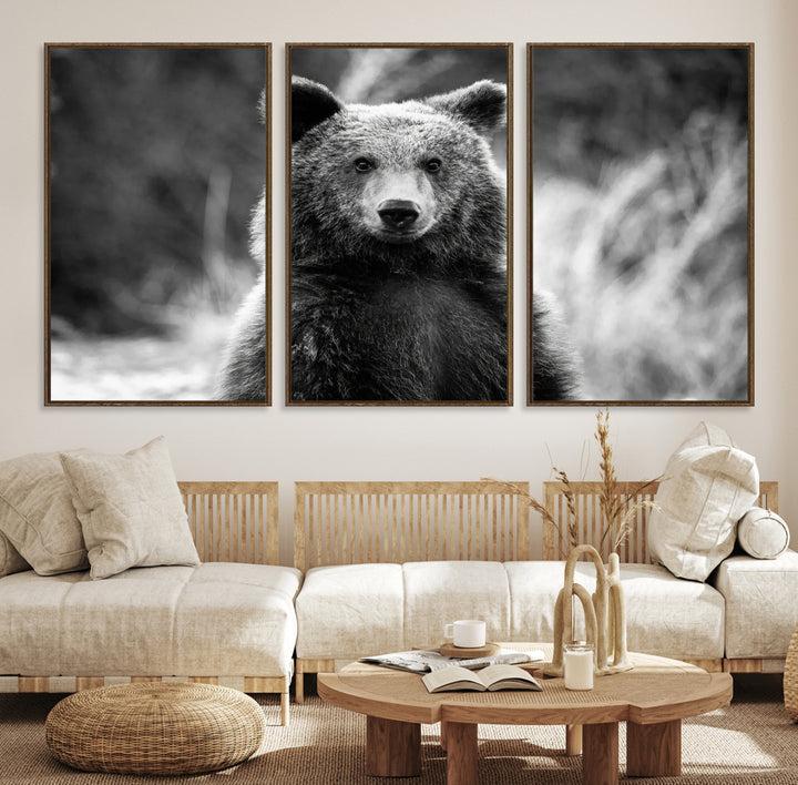 Grizzly Bear Wall Art Canvas Print, Framed Black White Bear Art Picture Print, Wild Bear Perfect Rustic Wildlife Decor