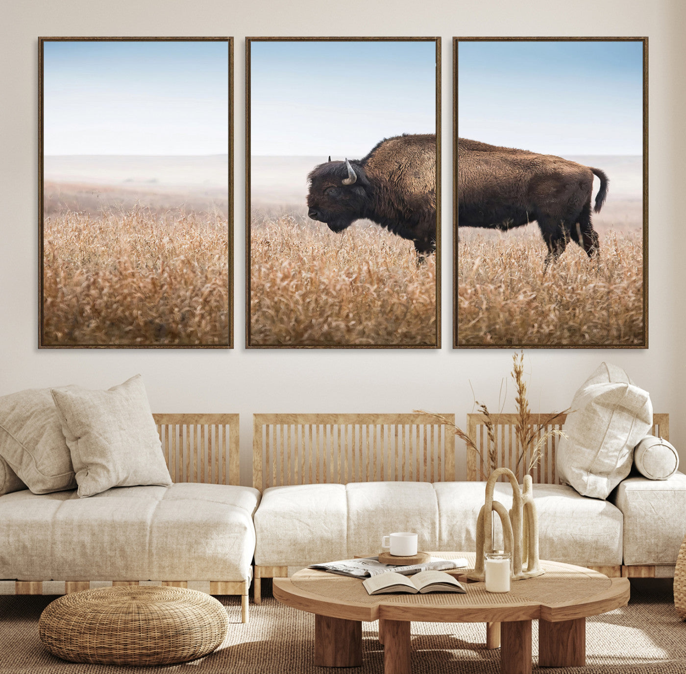 A solitary American bison stands in a dry grassland under soft skies, ideal for rustic or western-style home decor in warm neutral tones.