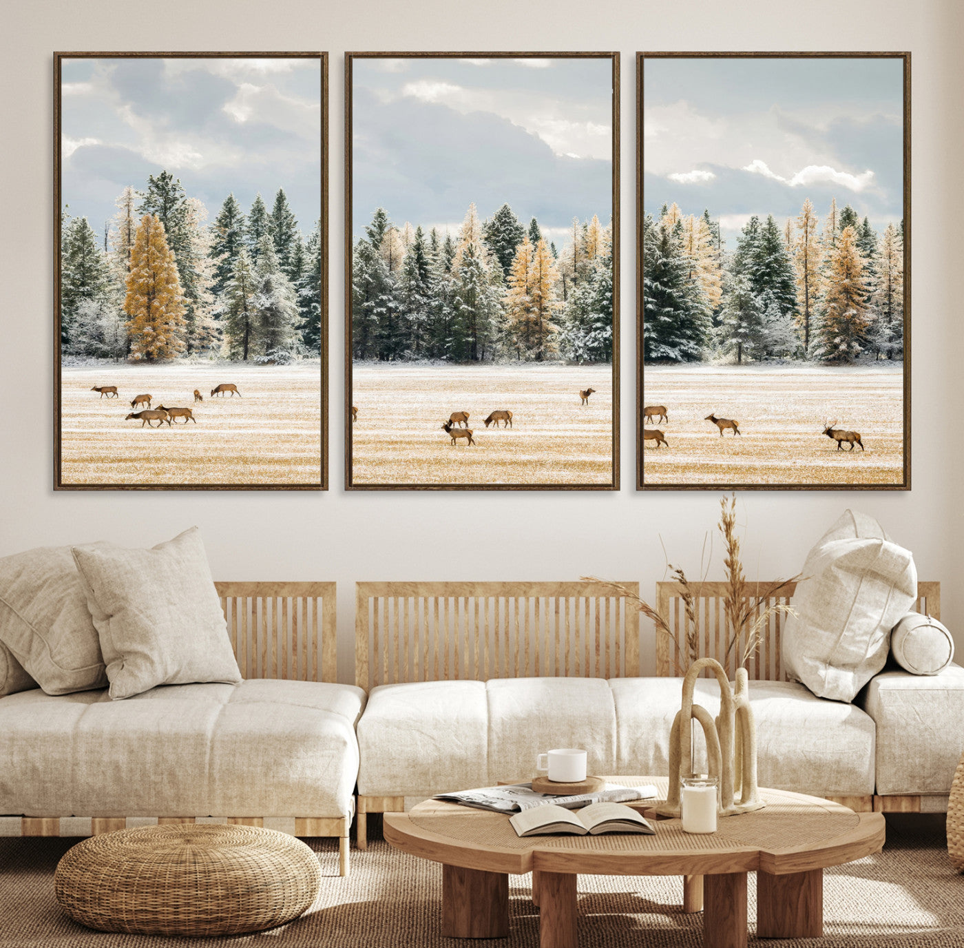 Elk herd in a snowy field with golden pine trees and frosted evergreens, ideal for neutral rustic or cabin-style home decor.