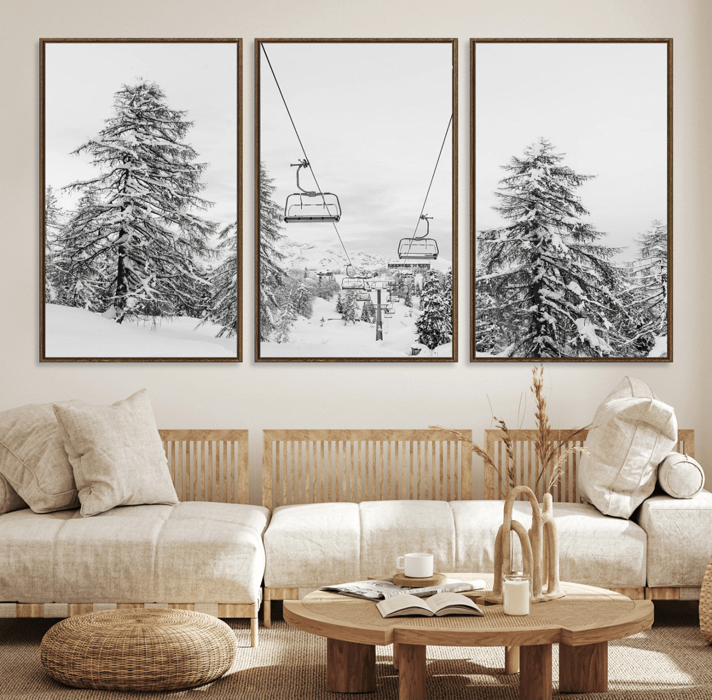 55003599-MGV-FC-60X30-3P_Walnut-Snowy Ski Lift Wall Art – Framed Winter Forest Canvas Artwork, Peaceful Mountain Design, Modern Nature Decor for Home, Office