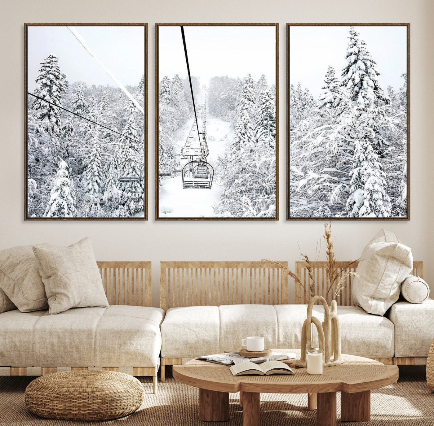 Snowy mountain landscape with a ski lift and snow-covered trees, ideal for winter-themed home decor. Perfect for modern, minimalist interiors.